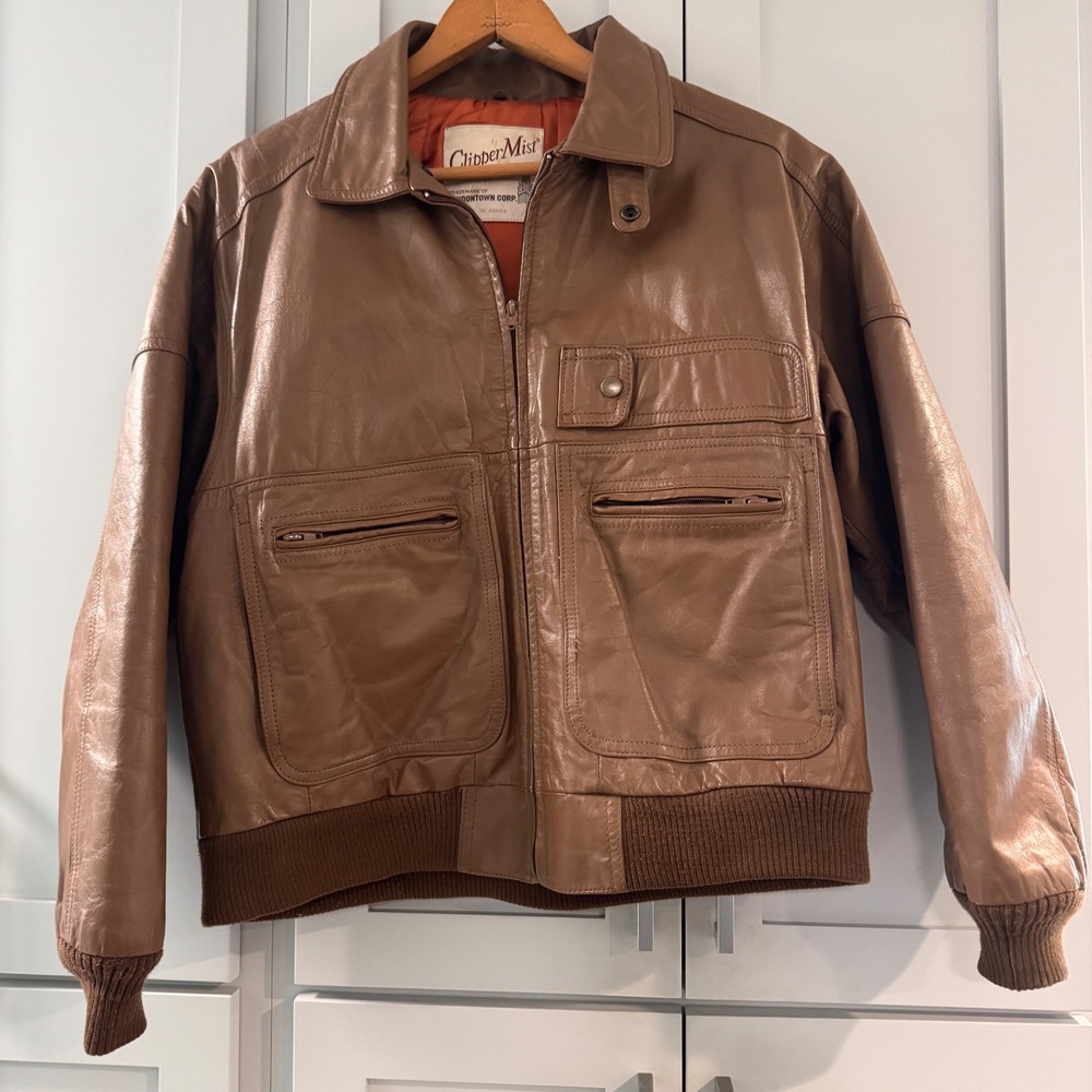 Vintage Clipper Mist Tan Brown Leather Bomber Jacket Mens 40 Reg 80s 90s